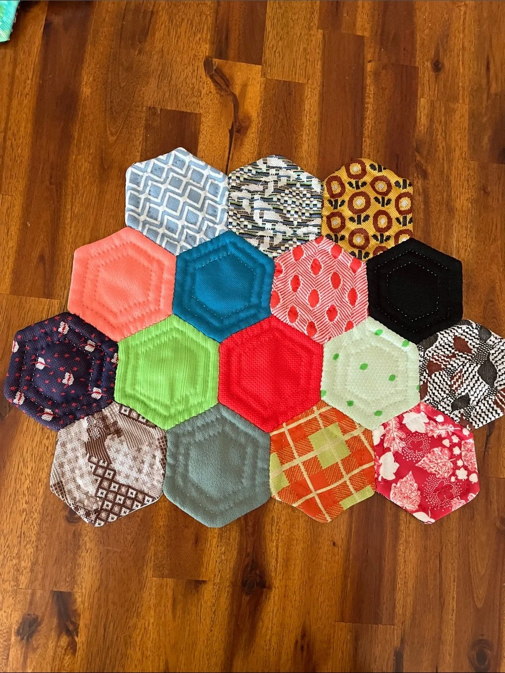 2 Vtg Geometric Handmade Placemats From Old 70s Fabric Pieces MCM Retro